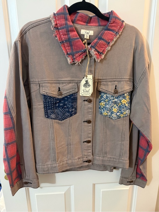 easel Jackets & Blazers - easel Taupe Jean Jacket with Red Plaid Accents and Mixed Patch Pockets